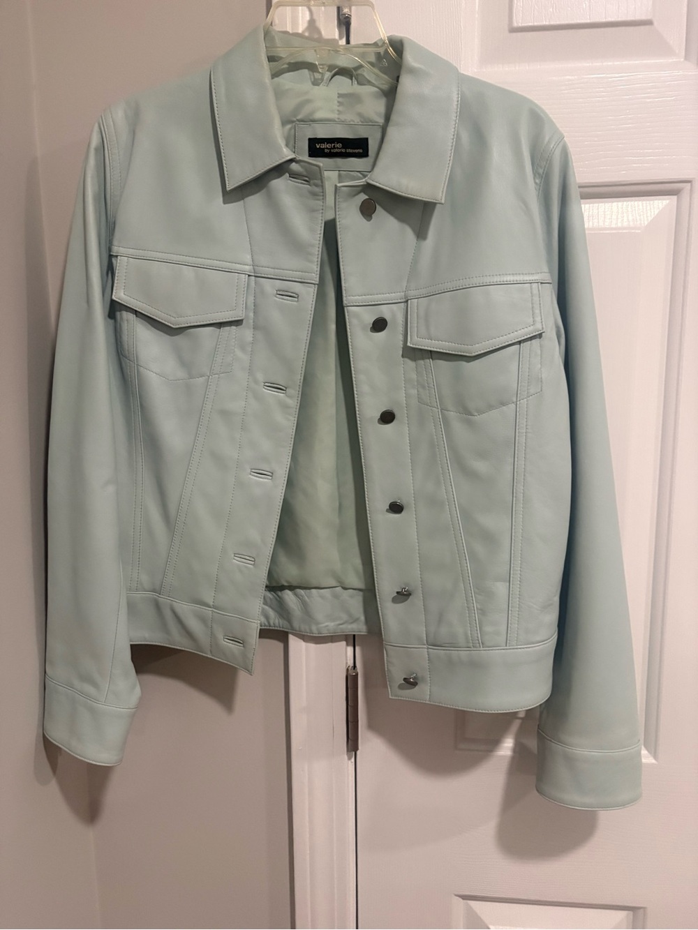 Light Blue Leather Jacket - Women’s Casual Trucker